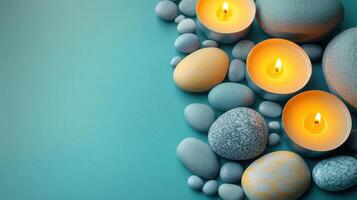Serene Spa Setting with Candles and Smooth Stones on a Turquoise Background for Relaxation and Wellness photo