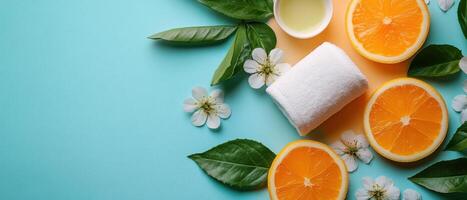 Fresh Spa Essentials with Citrus and Floral Elements on a Light Blue Background photo