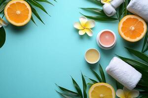 Spa and Wellness Background with Citrus Fruits, Candles, Towels, and Tropical Leaves on a Light Blue Surface photo