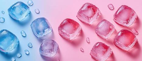 Colorful Ice Cubes on Blue and Pink Background with Water Droplets - Refreshing and Cool Concept photo