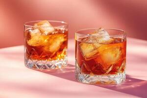 Two Glasses of Whiskey with Ice Cubes on a Pink Background in Warm Sunlight photo