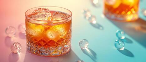 Refreshing Iced Beverage in Crystal Glass with Colorful Background and Ice Cubes photo