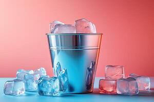 Shiny Metal Bucket Filled with Ice Cubes Against a Vibrant Red and Blue Gradient Background photo