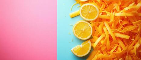 Fresh Lemon Slices and Zest on Vibrant Pink and Blue Background for Food and Beverage Concepts photo