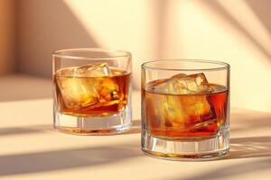 Two Glasses of Whiskey with Ice Cubes on a Sunlit Surface Creating Shadows photo