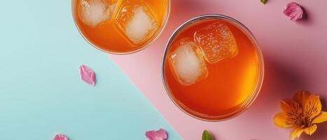 Refreshing Summer Drinks with Ice Cubes on Colorful Background with Flower Petals photo