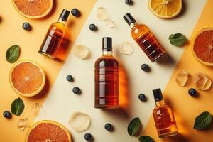 Flat Lay of Whiskey Bottles with Citrus Slices, Blueberries, Ice Cubes, and Mint Leaves on a Two-Tone Background photo