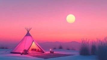 Tranquil Desert Sunset with Illuminated Tent and Rug in Soft Pink and Purple Hues photo