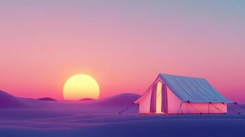 Stunning Sunset Over Desert Landscape with Illuminated Tent and Vibrant Sky photo