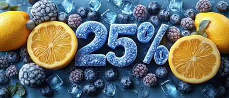 Frozen 25 Discount with Fresh Citrus and Berries on Ice Background for Refreshing Summer Promotions photo