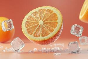 Fresh Orange Slice with Ice Cubes on Peach Background - Refreshing Citrus Concept photo