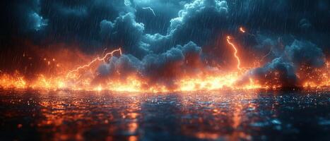 Dramatic Stormy Ocean with Lightning and Fiery Horizon Captured in Stunning High-Resolution photo