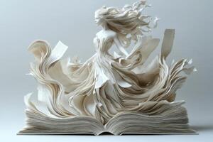 Elegant Paper Sculpture of a Woman Emerging from an Open Book with Flowing Pages and Artistic Details photo