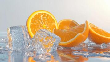 Fresh Orange Slices and Ice Cubes on Reflective Surface with Soft Light Background photo