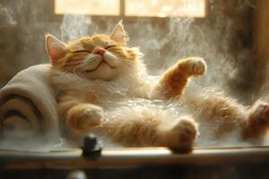 Relaxed Ginger Cat Enjoying a Steamy Bath in a Cozy Bathroom with Sunlight Streaming Through the Window photo