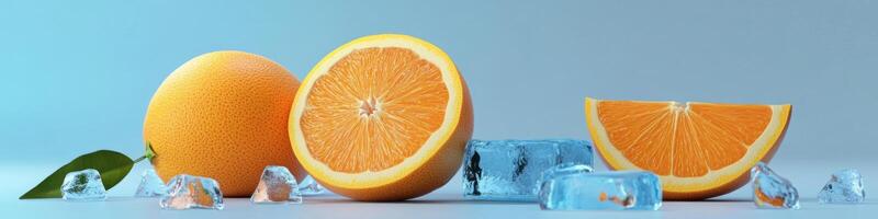 Fresh Oranges and Ice Cubes on Blue Background - Refreshing Citrus Fruit Arrangement photo