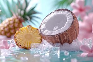 Fresh Tropical Fruits with Ice Cubes - Coconut and Pineapple on a Vibrant Background photo