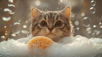 Adorable Kitten Enjoying a Bubble Bath with Soap Suds and Bubbles Floating Around photo