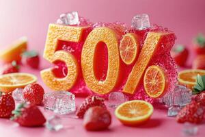 Bright and Refreshing 50 Discount Concept with Strawberries Oranges and Ice Cubes on a Pink Background photo