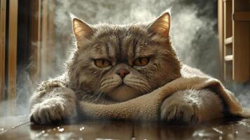 Fluffy Persian Cat Relaxing on a Warm Towel in a Cozy Sunlit Room with Steam in the Background photo