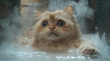 Wet Cat with Wide Eyes in a Steamy Bath Surrounded by Bubbles and Steam photo