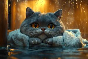 Cozy Gray Cat Wrapped in a Towel with Big Amber Eyes in a Warm, Dimly Lit Room photo