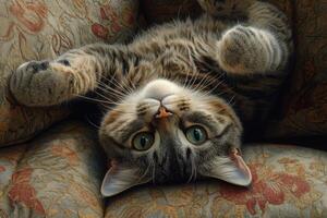 Adorable Tabby Cat Lying Upside Down on a Floral Patterned Sofa with Big Green Eyes and Whiskers photo