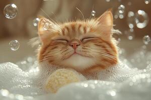 Adorable Ginger Cat Enjoying a Relaxing Bubble Bath with a Blissful Expression photo