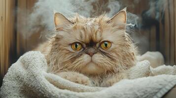 Wet Persian Cat Wrapped in Towel with Steam Rising in Background, Close-Up of Fluffy Feline After Bath photo