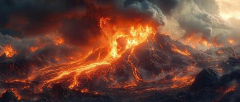 Dramatic Volcanic Eruption with Flowing Lava and Dark Smoke Under a Stormy Sky photo
