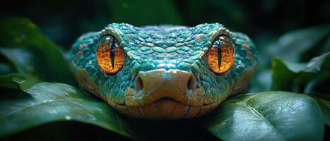 Close-Up of a Vibrant Green Snake with Striking Orange Eyes in a Lush Jungle Setting photo