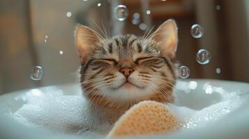Adorable Tabby Cat Enjoying a Relaxing Bubble Bath with Soap Bubbles Floating Around in a Cozy Bathroom photo