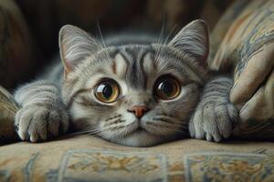 Adorable Gray Tabby Cat with Big Eyes Lying on a Patterned Cushion, Close-Up Shot photo