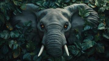 Majestic Elephant Hidden Among Lush Green Foliage in a Dense Jungle Setting photo