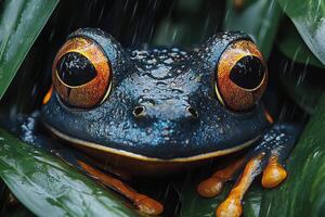 Close-Up of Vibrant Tree Frog with Golden Eyes Resting on Wet Green Leaves in Rainforest photo