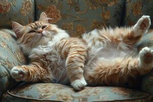 Fluffy Orange Tabby Cat Relaxing on a Vintage Floral Armchair in a Cozy Home Setting photo