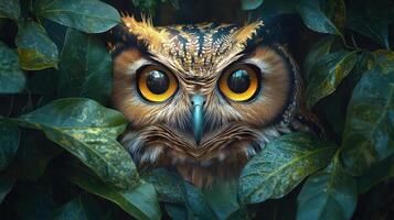 Close-Up of a Majestic Owl with Striking Yellow Eyes Peering Through Lush Green Foliage in a Forest photo