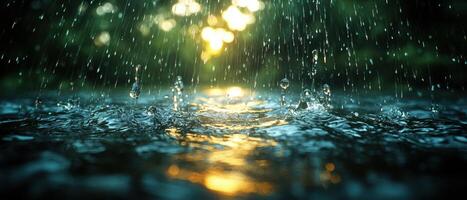 Close-up of Raindrops Splashing on Water Surface with Sunlight Reflections in a Lush Green Environment photo