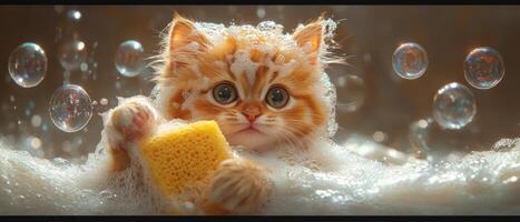 Adorable Fluffy Kitten Taking a Bubble Bath with Sponge and Soap Bubbles Floating Around photo
