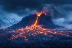 Majestic Volcanic Eruption with Flowing Lava and Smoke Against a Dramatic Sky in a Rugged Landscape photo