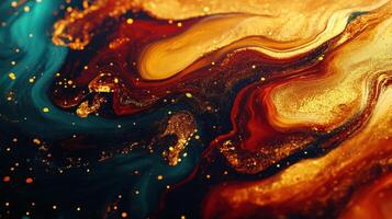 Abstract Fluid Art with Vibrant Gold, Red, and Teal Swirls Creating a Dynamic and Mesmerizing Visual Effect photo