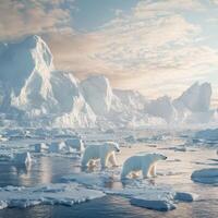 Majestic Polar Bears Roaming the Icy Arctic Landscape at Sunset with Snow-Covered Mountains in the Background photo