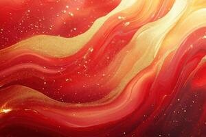 Abstract Red and Gold Fluid Art Painting with Glittering Accents and Flowing Patterns photo