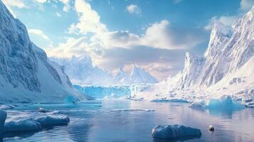 Majestic Arctic Landscape with Snow-Covered Mountains and Polar Bears by a Tranquil Icy Lake under a Blue Sky photo