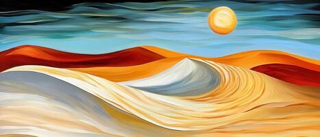 Abstract Painting of Colorful Desert Landscape with Rolling Sand Dunes and Bright Sun photo