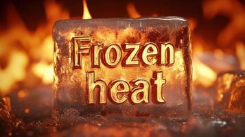 Contrasting Elements Ice Block with Frozen Heat Text Surrounded by Flames photo