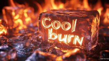 Contrasting Elements Ice Block with Cool Burn Text Surrounded by Flames and Glowing Embers photo