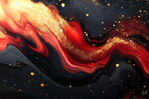 Abstract Fluid Art with Red, Black, and Gold Swirls and Glittering Accents photo