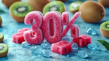Frozen 30 Discount Sign with Watermelon and Kiwi Background for Summer Sales and Promotions photo