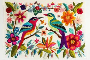 Colorful Embroidered Birds and Flowers on White Background - Vibrant Textile Art photo